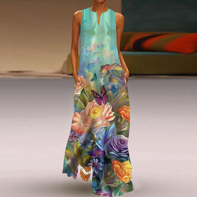 Summer Women Fashion Elegant Sleeveless V Neck Print Sexy Maxi Dress