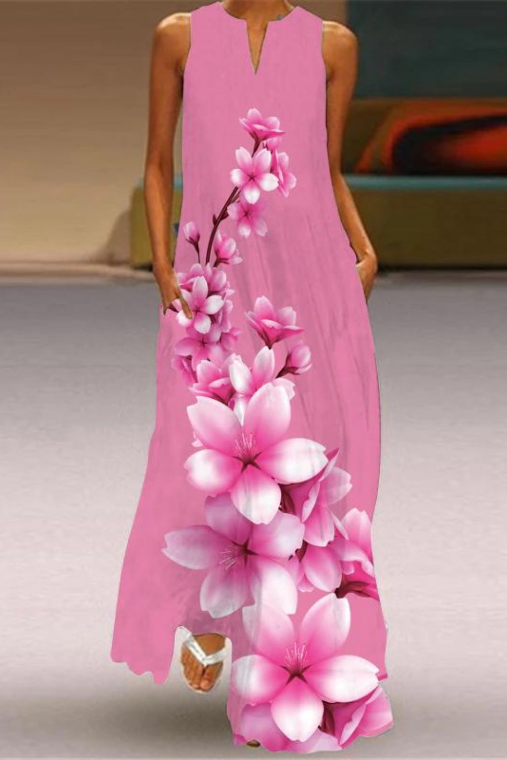 Fashion Sleeveless V Neck Casual Elegant Flower Print Vintage Maxi Dress