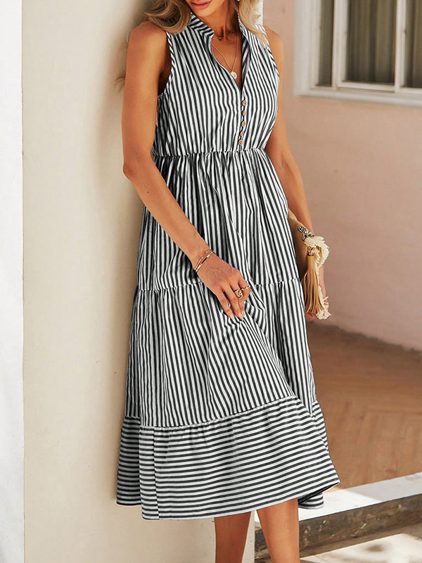 A-Line High Waisted Buttoned Split-Joint Striped V-Neck Midi Dresses