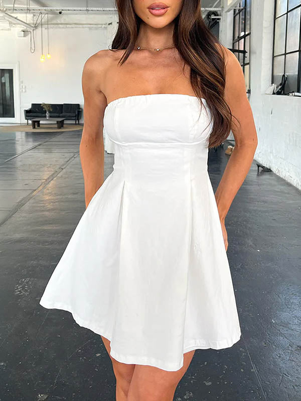 Tied Split-Joint Solid Color Pleated Backless Sleeveless Loose Tube Mini Dresses