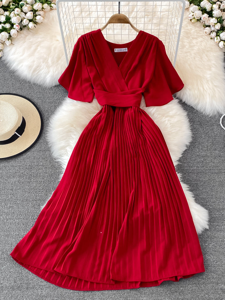 Women's Fashion Elegant Pleated Summer V Neck Vintage A-Line High Waist  Maxi Dress