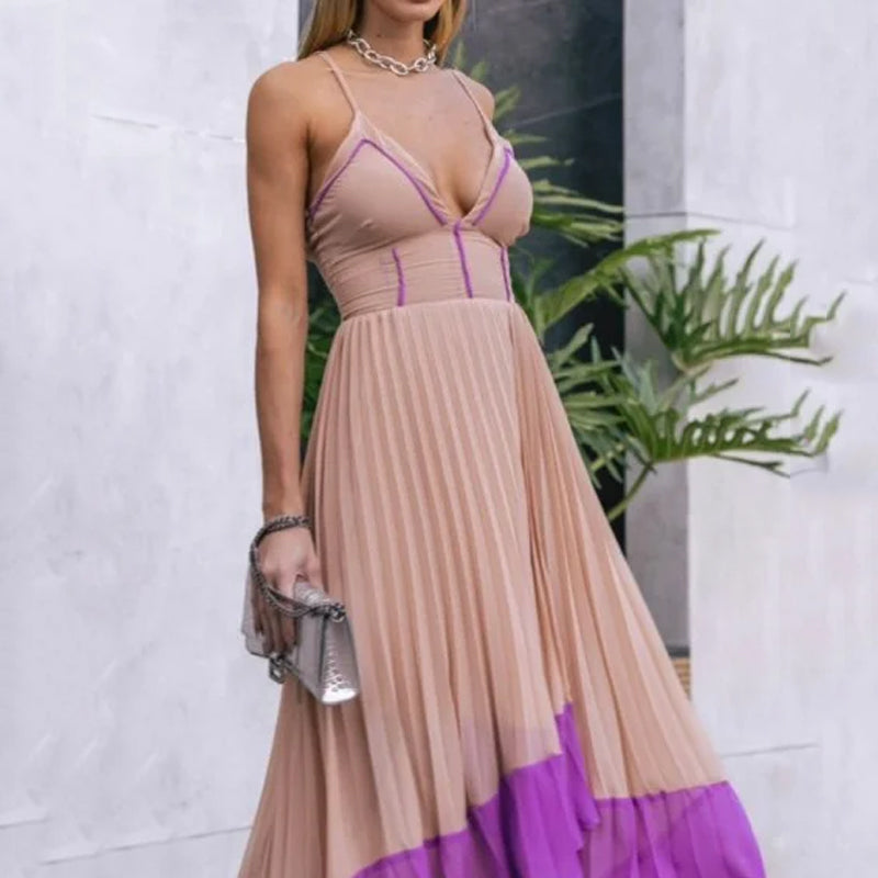 Women's Summer Fashion V Neck Slim Sleeveless Halter Pleated Irregular Maxi Dress