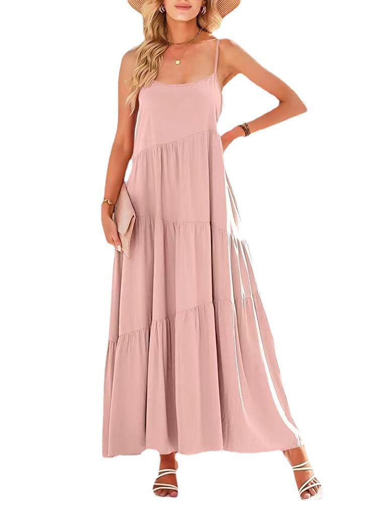 Summer Fashion Casual Solid Color Pleated Irregular Sling Maxi Dress