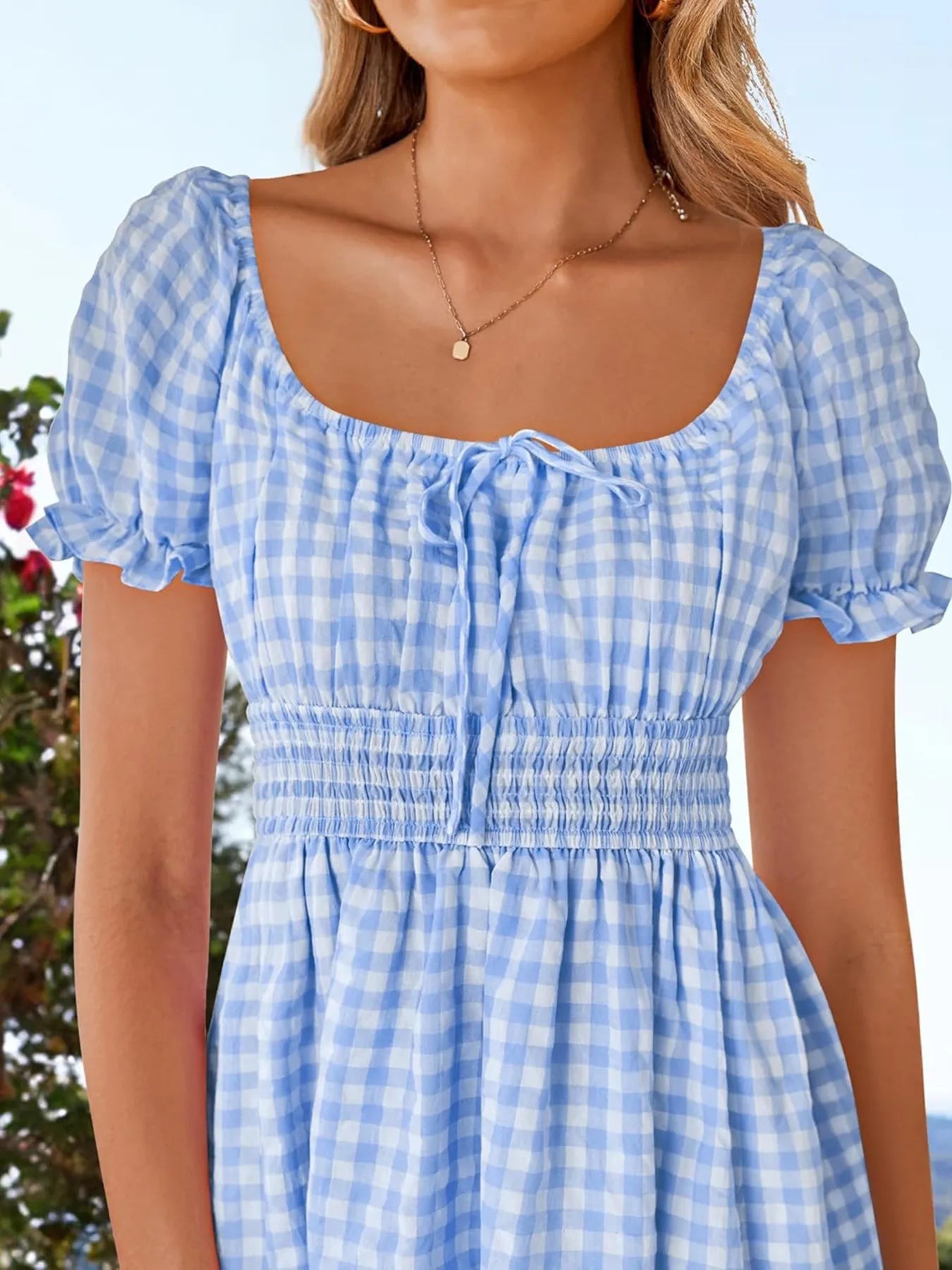 Gingham Smocked Puff Sleeve Summer Dress