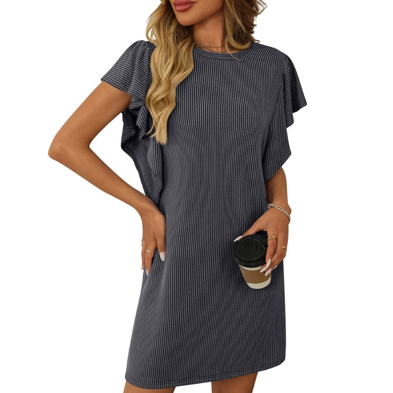2025 Women's Color Block Twist Detail Dress - Round Neck Ruffled Sleeve Striped Short Dress for Vacation