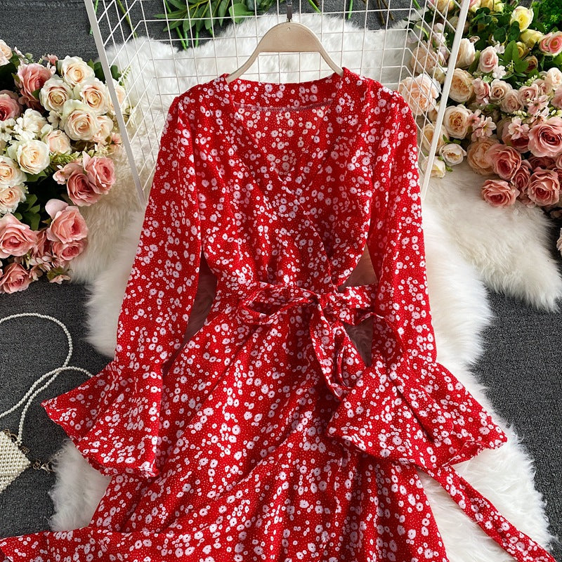 Casual V Neck Long Sleeve Vintage Elegant Oversized Hem Floral Ruffle Party Maxi Dress