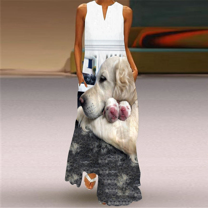 Women's Retro Print V-neck Multicolor Sexy Sleeveless  Maxi Dress