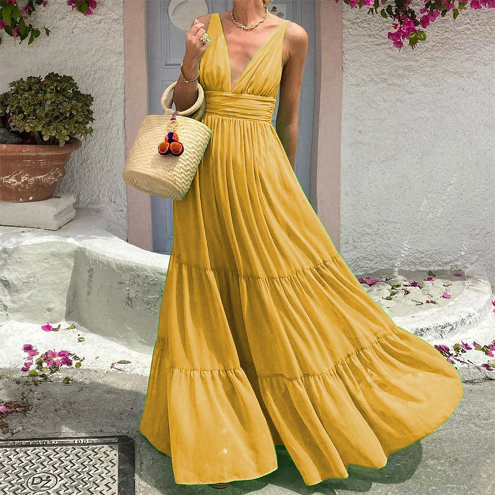 Summer Solid Color Fashion Temperament Sexy V Neck Sleeveless Backless Party Maxi Dress