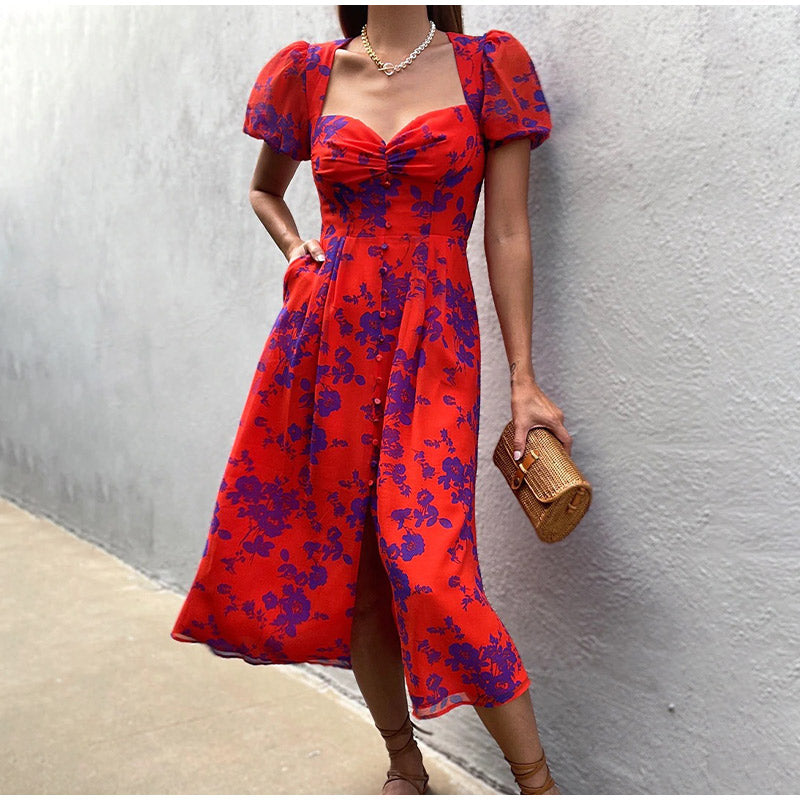 Fashion Off Shoulder Print Sexy Retro Elegant High Slit Ruffle Casual Maxi Dress