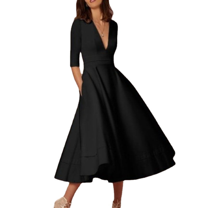 Deep V Neck Party Half Sleeves Sexy Solid Elegant Office Vintage A-Line Dress