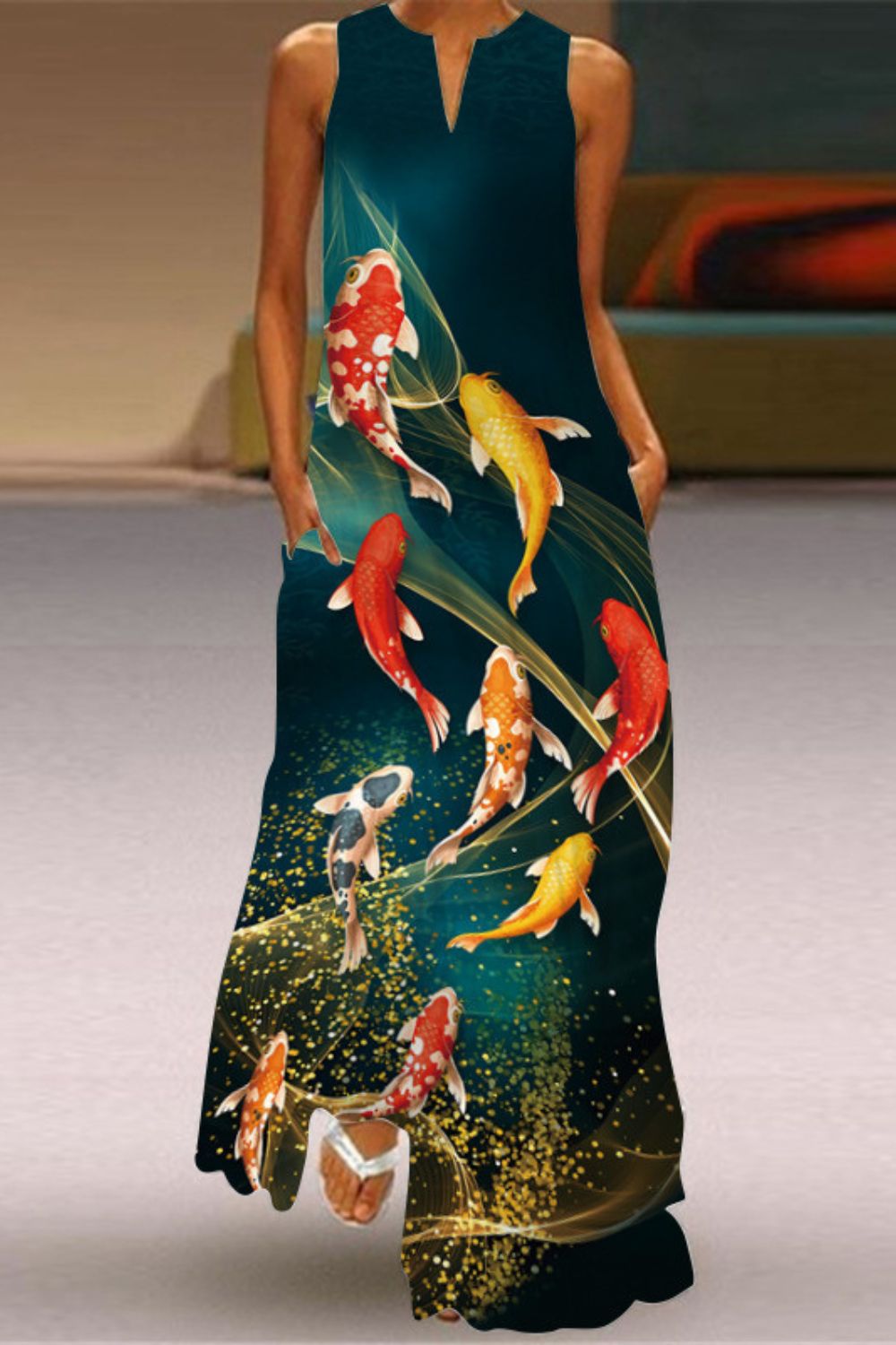 Women's Retro Print V-neck Multicolor Sexy Sleeveless  Maxi Dress