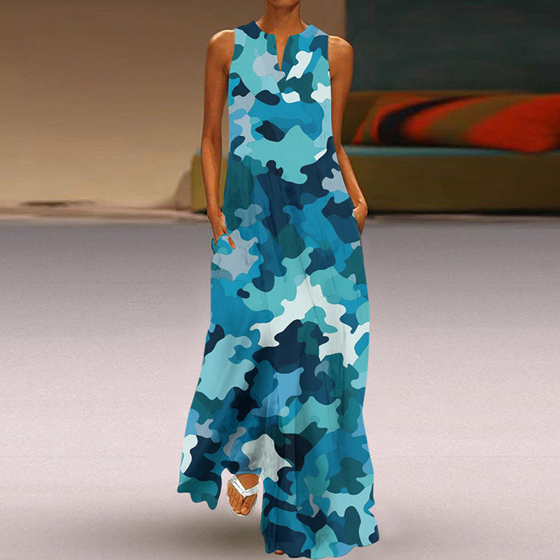 Summer Women Fashion Elegant Sleeveless V Neck Print Sexy Maxi Dress