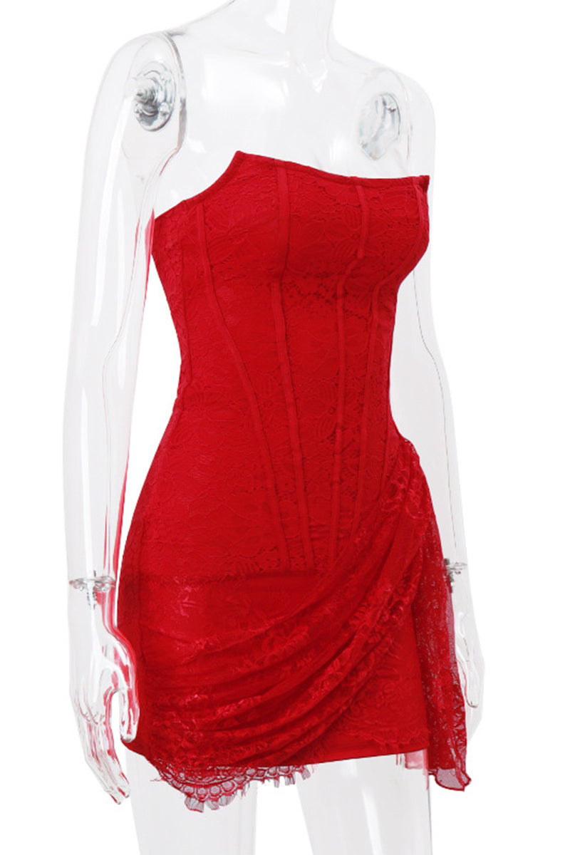 Sexy Lace Ruched Irregular U Neck Lace Dress Dresses(3 Colors)