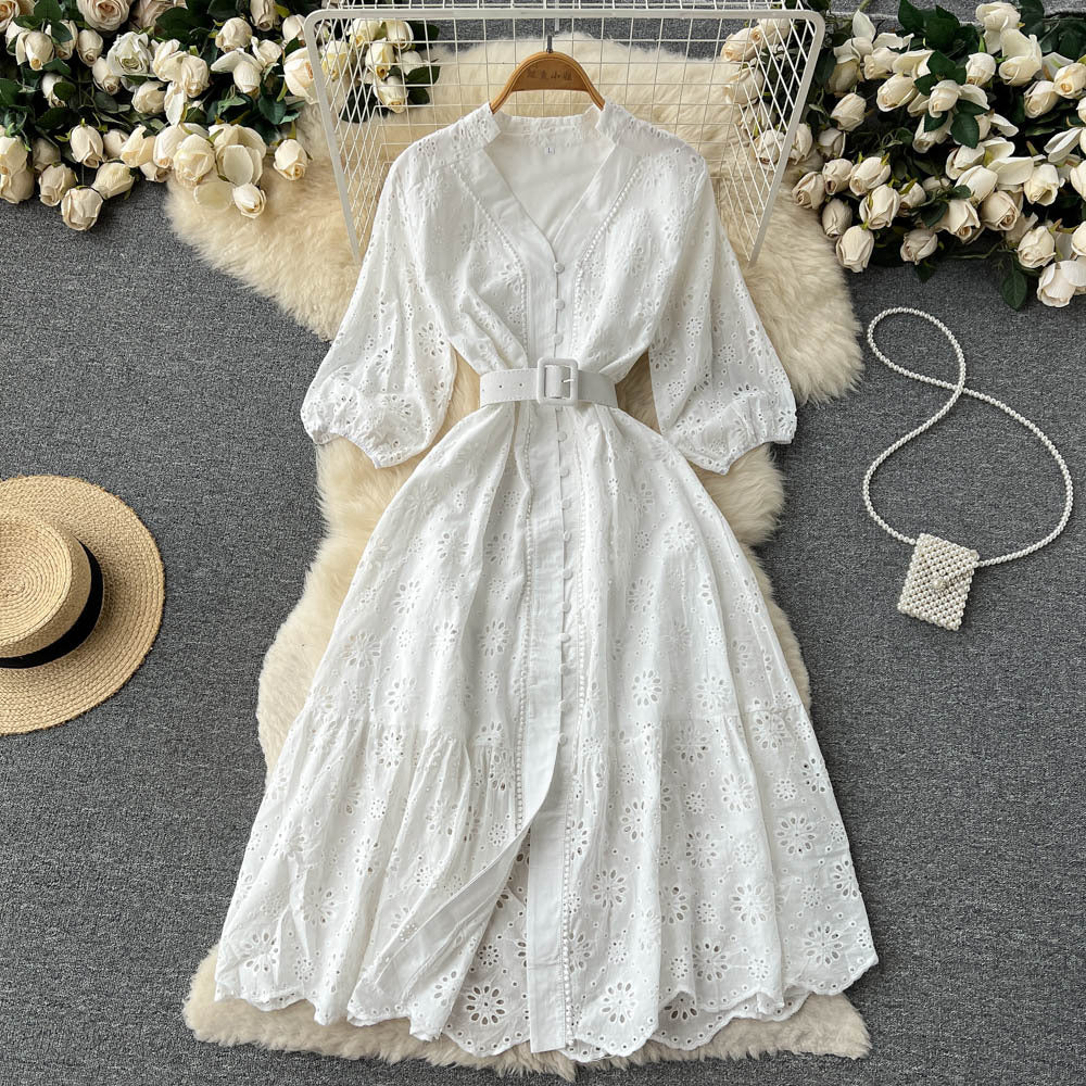 Women's Elegant V Neck Button Ruffle Puff Sleeve Fashion Maxi Dress