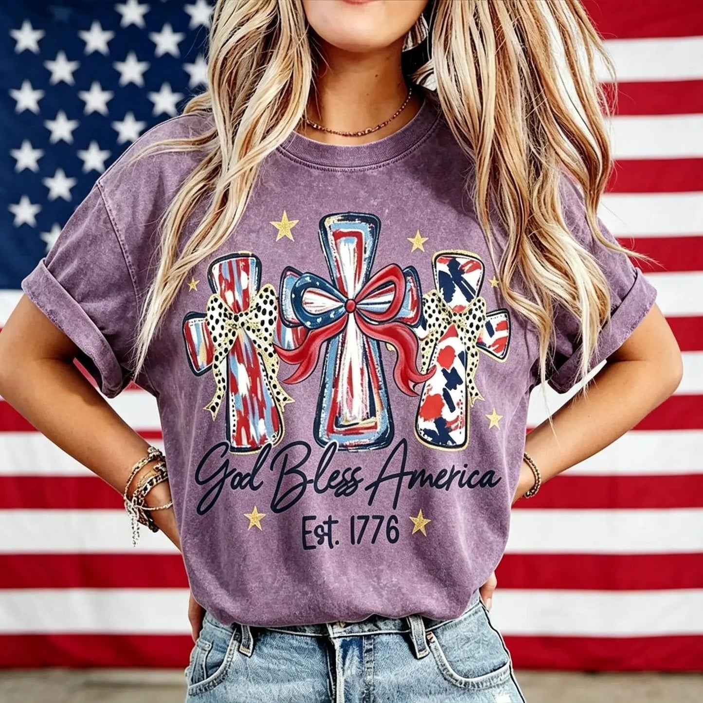 ⭐ God Bless America Women Washed T-Shirt - Vintage 250th Anniversary USA Gift Tee🎆