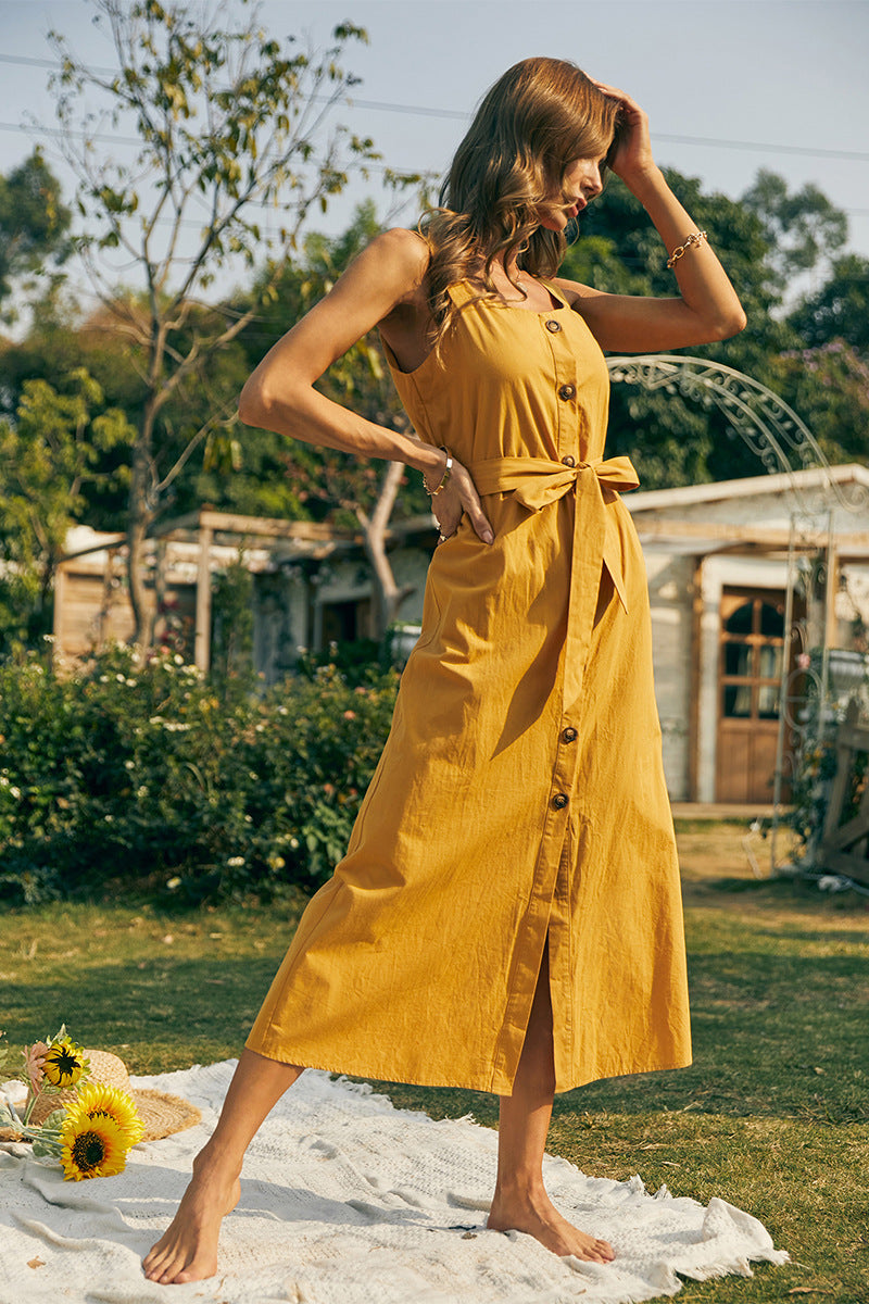 Beach Style High Waist Button Elegant  Maxi Dresses