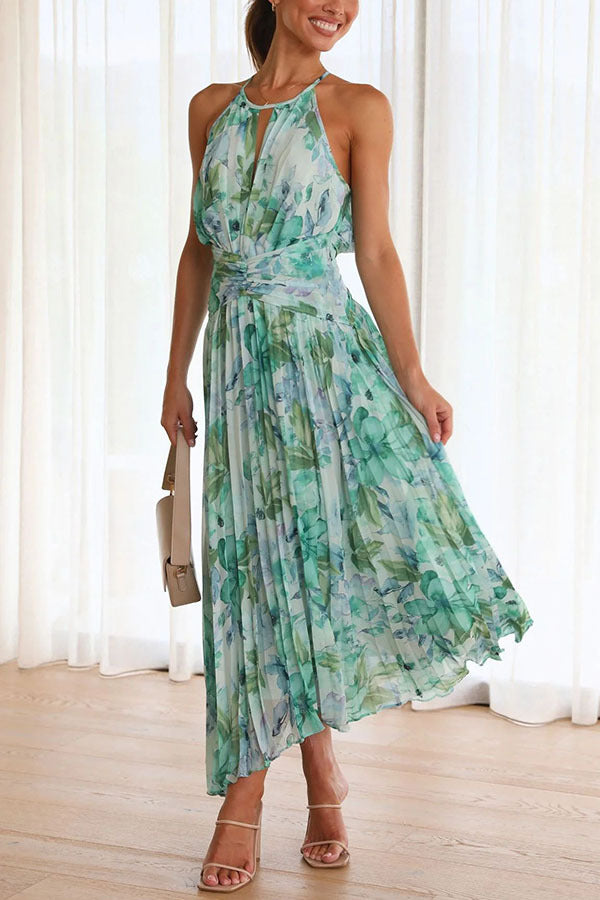 Women's Halter Neck Sleeveless V Neck Print Fashion This Swing Maxi Dress