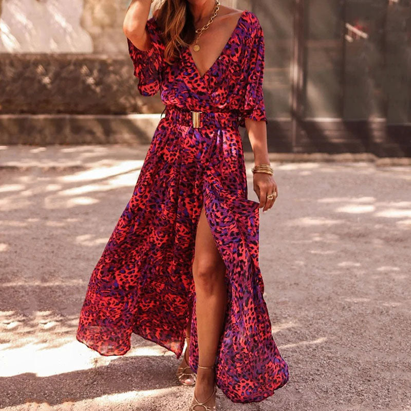 Elegant Deep V Neck Half Sleeve Fashion Casual Graphic Printing Slit Party Maxi Dress