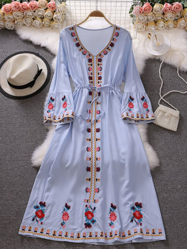 Summer Retro Fashion Elegant Embroidered V-neck A-line Holiday Swing Maxi Dress