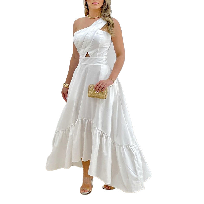 Summer Women's Solid Color Sexy Diagonal Neck Waist Ruffle Party  Maxi Dress