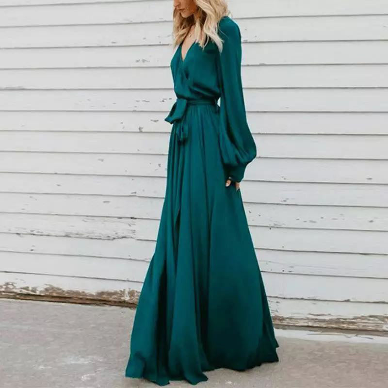 Temperament V Neck Long Sleeve Solid Color Party Elegant  Maxi Dress