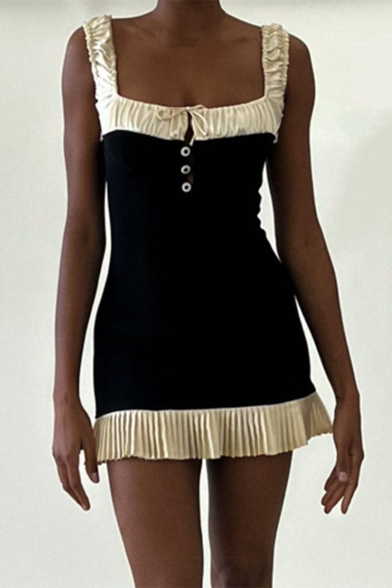 Sexy Solid Color Lace Up Backless Contrast Square Neck Wrapped Skirt Dresses