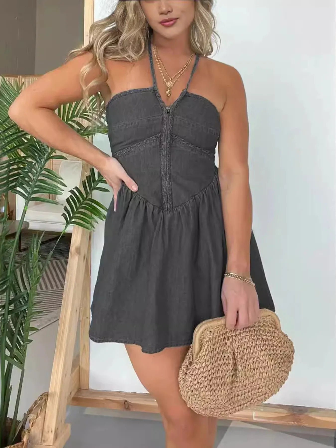 Full Size Lace Up Halter Neck Denim Dress Plus Size