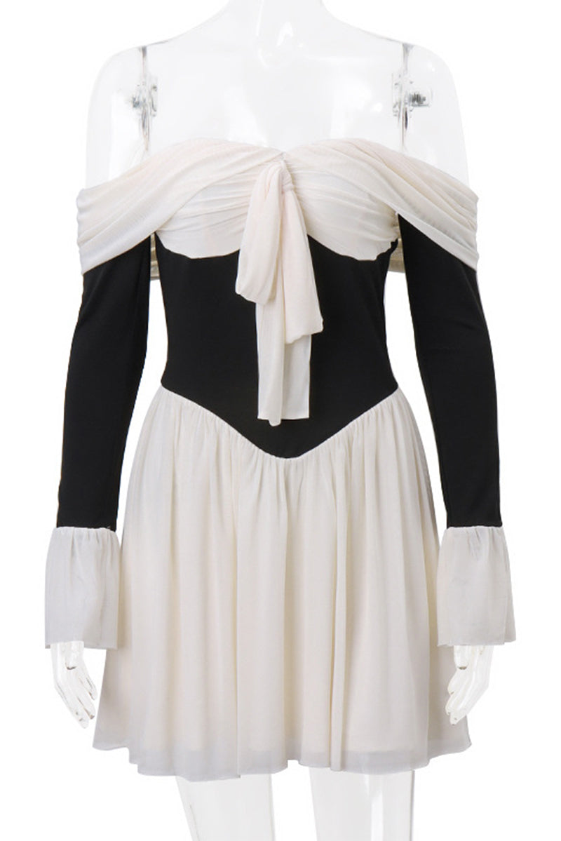 Sexy Backless Contrast Off Shoulder Waist Skirt Dresses