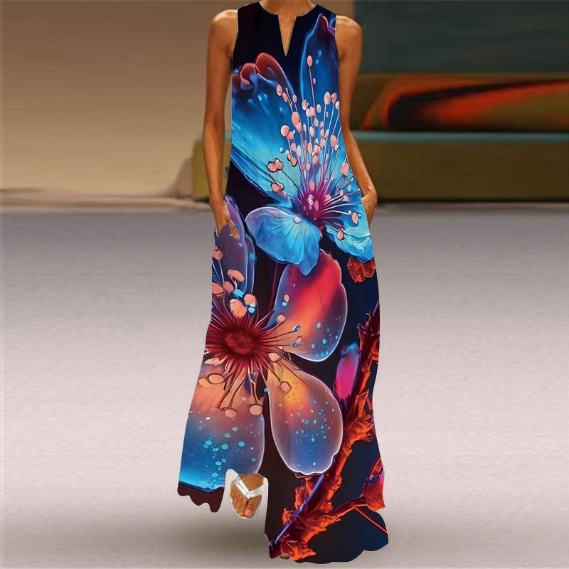 Fashion Sleeveless V Neck Casual Elegant Flower Print Vintage Maxi Dress