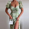Fashion Off Shoulder Print Sexy Retro Elegant High Slit Ruffle Casual Maxi Dress