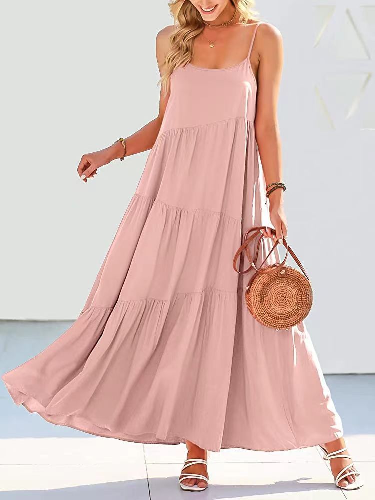 Summer Fashion Casual Solid Color Pleated Irregular Sling Maxi Dress