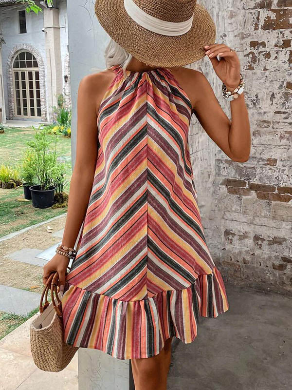 Striped Split-Joint Pleated Contrast Color Sleeveless Loose Halter-Neck Mini Dresses