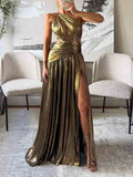Elegant One-shoulder Glittering Gold High-slit Maxi Dress