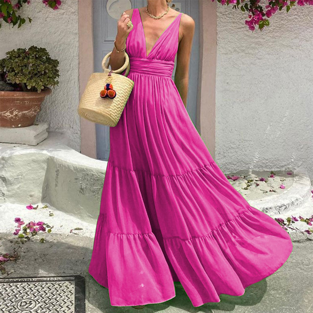 Summer Solid Color Fashion Temperament Sexy V Neck Sleeveless Backless Party Maxi Dress