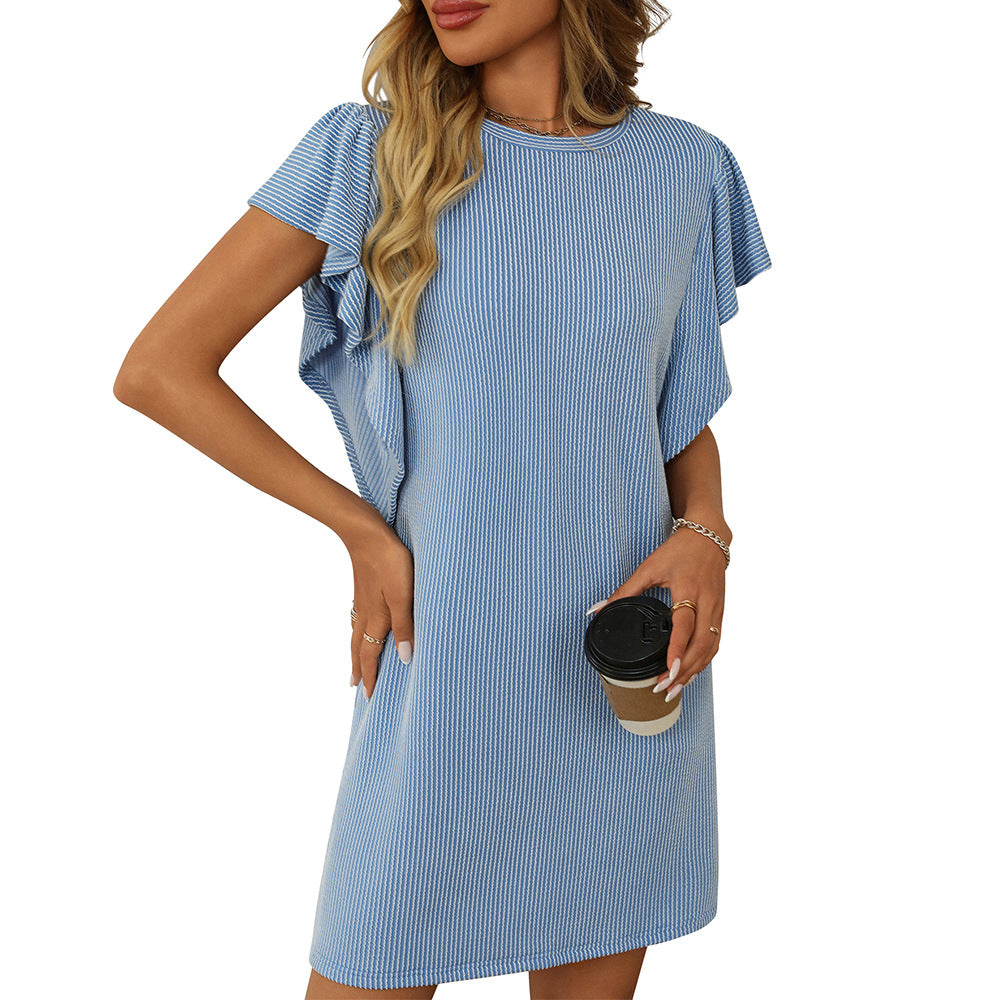 2025 Women's Color Block Twist Detail Dress - Round Neck Ruffled Sleeve Striped Short Dress for Vacation