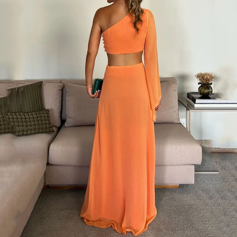 Summer Sexy Fashion Solid Color Slanted Shoulder Long Sleeve Pleated  Maxi Dress