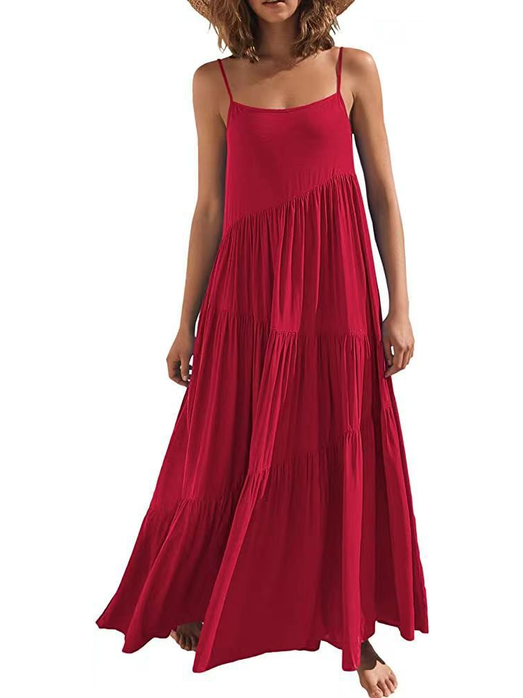 Summer Fashion Casual Solid Color Pleated Irregular Sling Maxi Dress