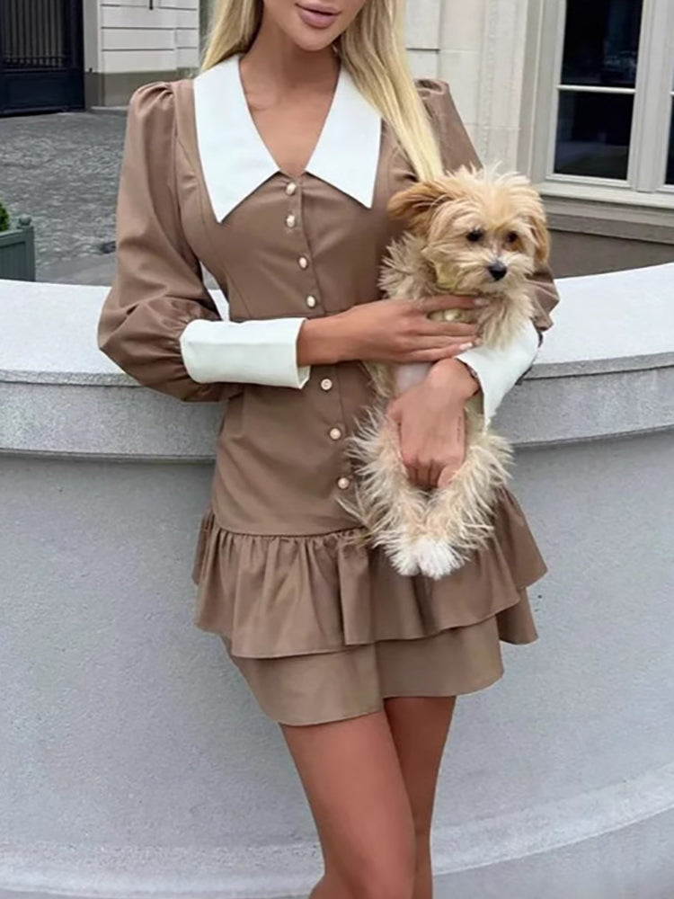Fashion V-neck Button Slim Fit Short Dress Ruffle Edge Design Long Sleeved Autumn Women's Dress Casual Color Blocked Party Dress