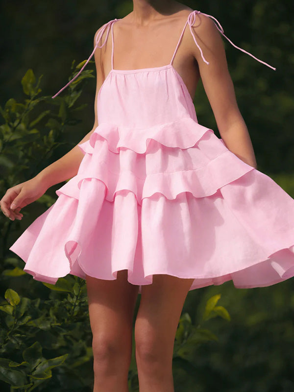 Solid Color Pleated Layered Backless Sleeveless Loose Spaghetti-Neck Mini Dresses