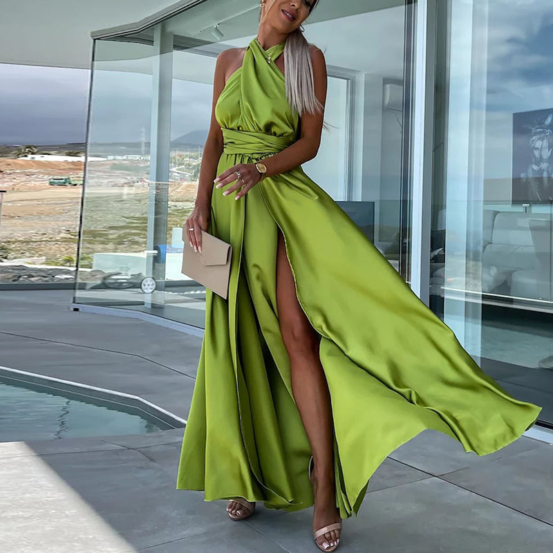 Summer Sexy Lace Up Elegant Strapless Slit Fashion Solid Color Party Maxi Dress