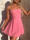 Tied Split-Joint Solid Color Pleated Backless Sleeveless Loose Tube Mini Dresses
