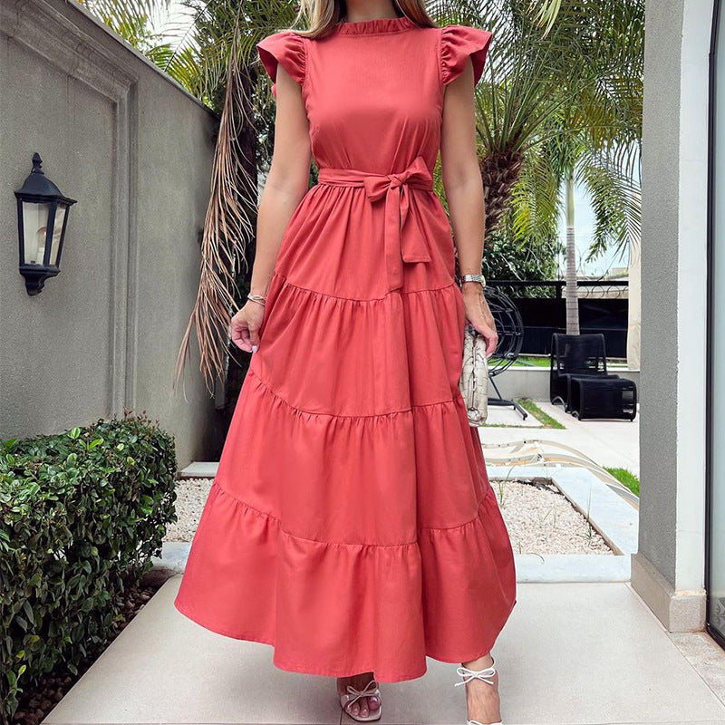 Women's Fashion Solid Color Round Neck Ruffle Strap Party  Maxi Dress