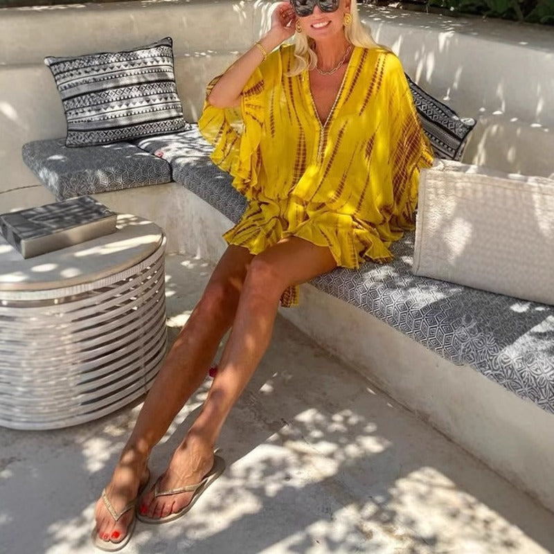 Women's Printed V-Neck Batwing Sleeve Chiffon Mini Dress