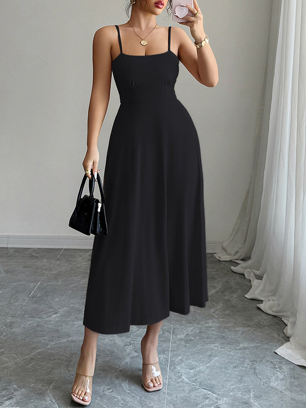Backless Pleated Solid Color A-Line High Waisted Spaghetti-Neck Midi Dresses