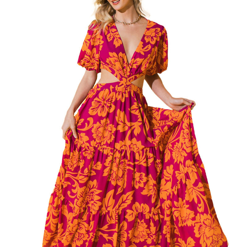 Women Summer Fashion Party Print Sexy Backless Tie Pleated Swing Maxi Dress