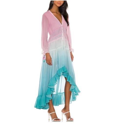 Summer Women's Deep V Long Sleeve Printed  Maxi Dress