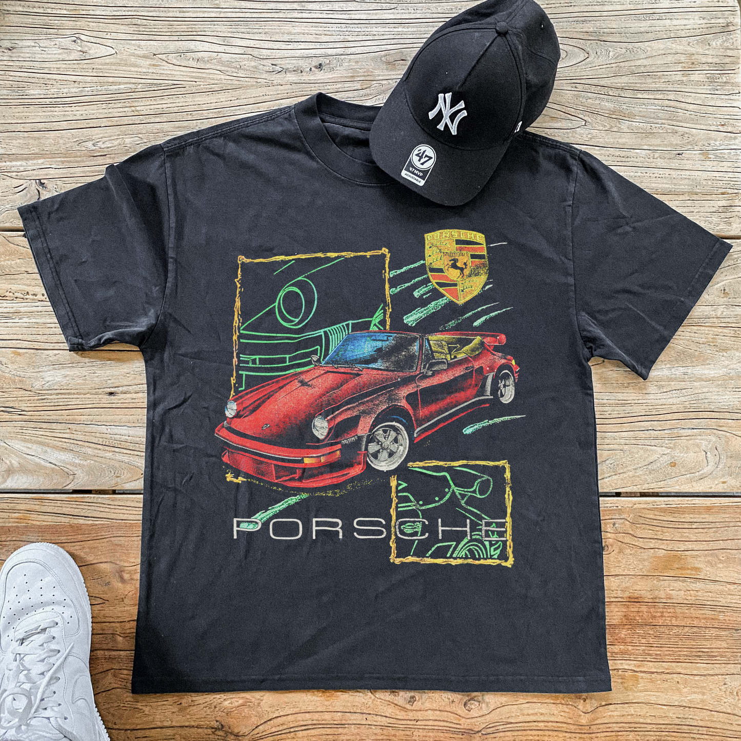 Retro 1992 'Porsche' Washed Black T-Shirt