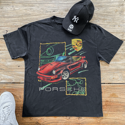 Retro 1992 'Porsche' Washed Black T-Shirt