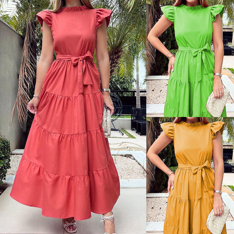 Women's Fashion Solid Color Round Neck Ruffle Strap Party  Maxi Dress