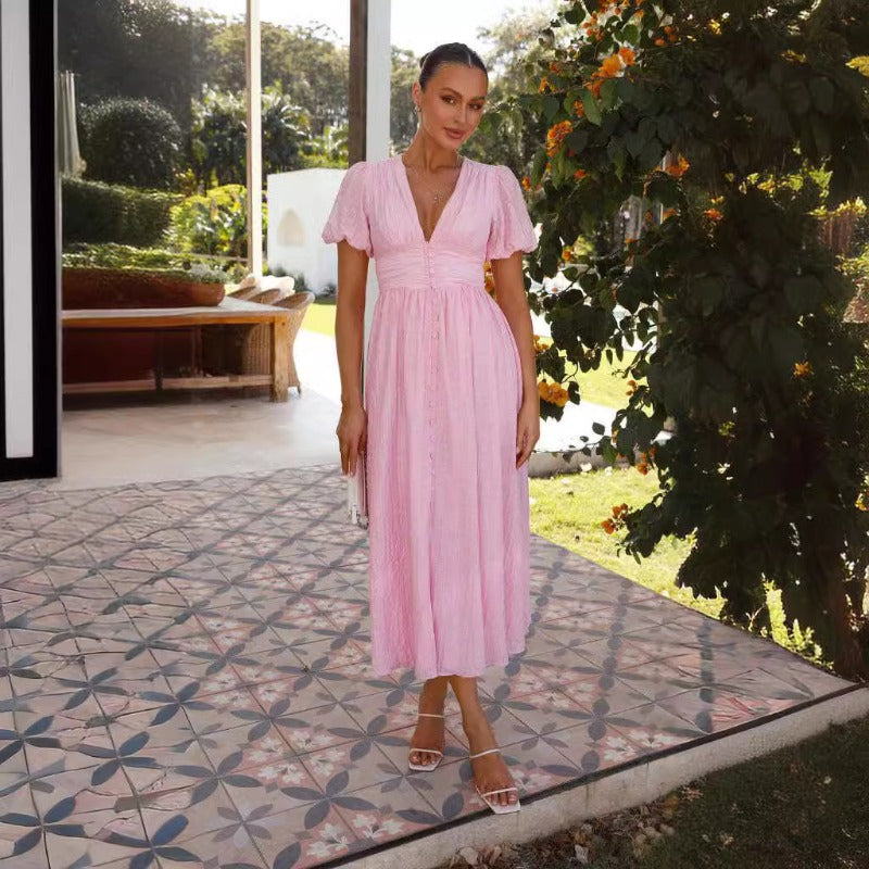 2024 Spring Summer Women's New Solid Color V-Neck Long Bubble Sleeves Large Swing Slim Dress